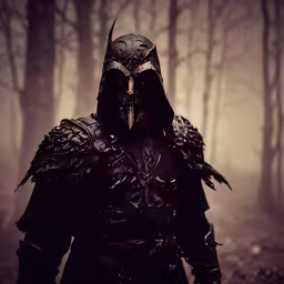 man in full black hooded outfit walking through the woods