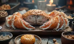 there is a very large crab cake on the table