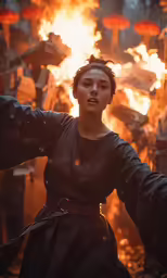 a woman in dress is standing next to fire