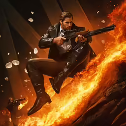 a man in black leather outfit holding a gun in front of fire