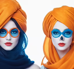 two different women wearing blue and orange makeup
