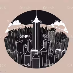 an illustration of the new york skyline in black and white,the cityscape with an airplane flying above