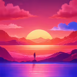 a person is standing at the end of a hill overlooking a mountain range, looking down on a large lake with pink hues and blue water and red,a person standing on the shore with the sun going down