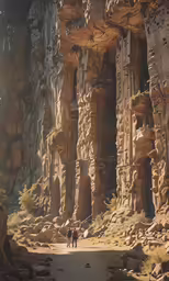 two people are standing near a very large, carved rock structure