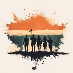 four soldiers standing on a hill with a red sky in the background