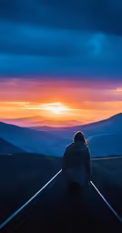 a person walking down a road with the sun setting behind them