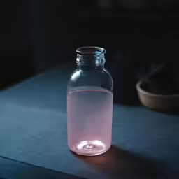 an empty glass jar filled with liquid sitting on a blue counter
