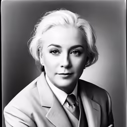black and white portrait of a woman wearing a suit