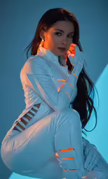 a woman in white tracksuit posing for the camera