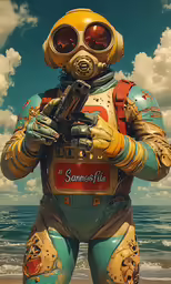 a man dressed in diving gear and holding a gun in front of the ocean