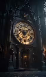 a large clock in front of several ornate windows