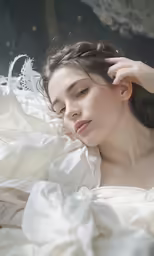 a woman dressed in white laying under a blanket