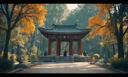 a pagoda in a forest surrounded by lots of trees