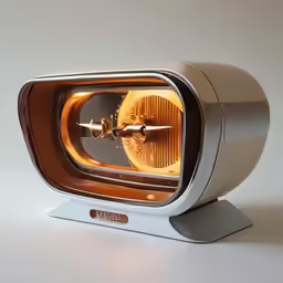 an old fashioned tv with an orange light on it