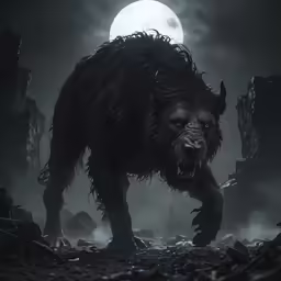 an evil, furry animal with large teeth in front of a dark background