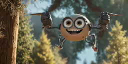 a big brown ball with big eyes is in the air