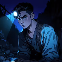a person with a flashlight sitting in front of rocks