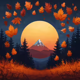 a painting of an autumn landscape with trees,the sun rises over the mountains with leaf covered trees in the foreground