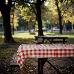 a checkered cloth sits on top of a table in the park
