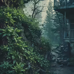 an outdoor building with vines on the stairs