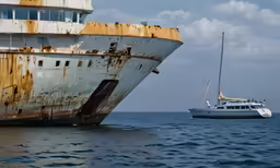 old ship in open water with two smaller ships