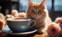 a small cat sitting next to a cup of coffee