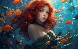 a young lady with wavy red hair, sitting in front of gold fish