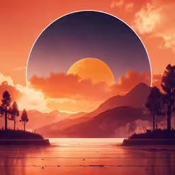 an image of a planet and some mountains and the ocean,trees and mountains in a large red and orange sky
