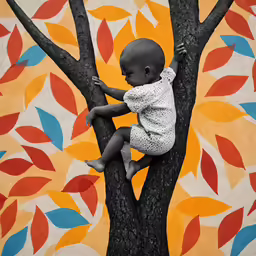 there is a very small child sitting on the tree