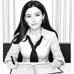 a black and white photo of a woman holding a book and pen
