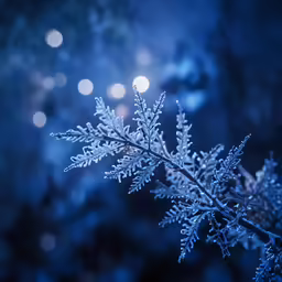 a blue background with some snowflakes on the branch
