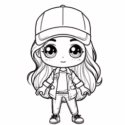 cartoon coloring pages for girls with long hair and baseball cap