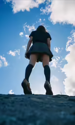 a woman is wearing high socks while standing near the sky