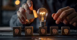 a person light the lamp over small wood blocks with brain carvings,hand pushing block with human brain image on it