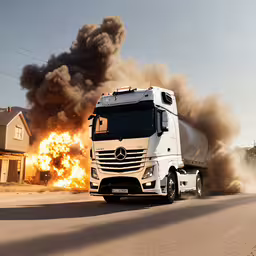 large truck with an open cab exploding as it drives,the truck has taken off in flames as smoke billows behind it