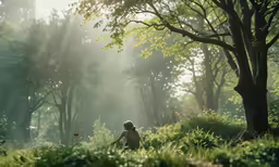 a child playing in a field with a stick