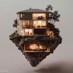 an art installation of a floating house surrounded by trees