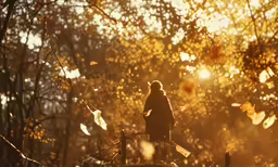 an elderly woman walking along the trail during autumn