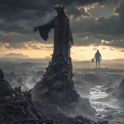 a statue is shown in the foreground of a sea