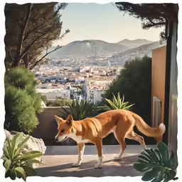 a red dog walking down a street next to some plants