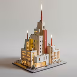an odd type of building made from legos with candles