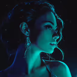 a woman in a dark dress holding a cell phone,the girl in blue is posing for a digital painting
