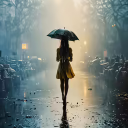 a woman is walking in the rain holding an umbrella