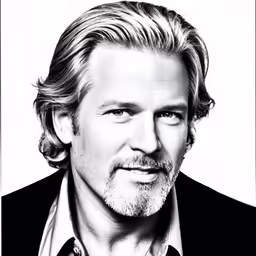 a black and white image of a man with long hair