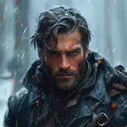 a character with wet hair, wearing leather clothing and holding his sword in his hand,man with wet hair and beard and a black jacket