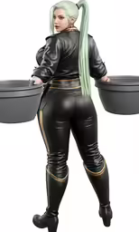 a woman dressed in black with long blonde hair and wearing a green wig