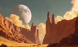 a landscape with some rocks, water and the moon