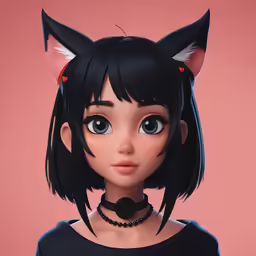 an animated girl with a creepy black cat ears