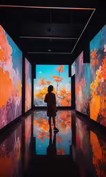 a woman with an umbrella stands in front of multiple canvases in a darkened room