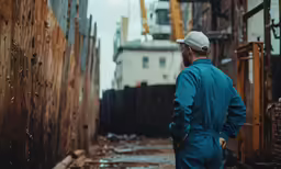 a man standing in the alley looking at building